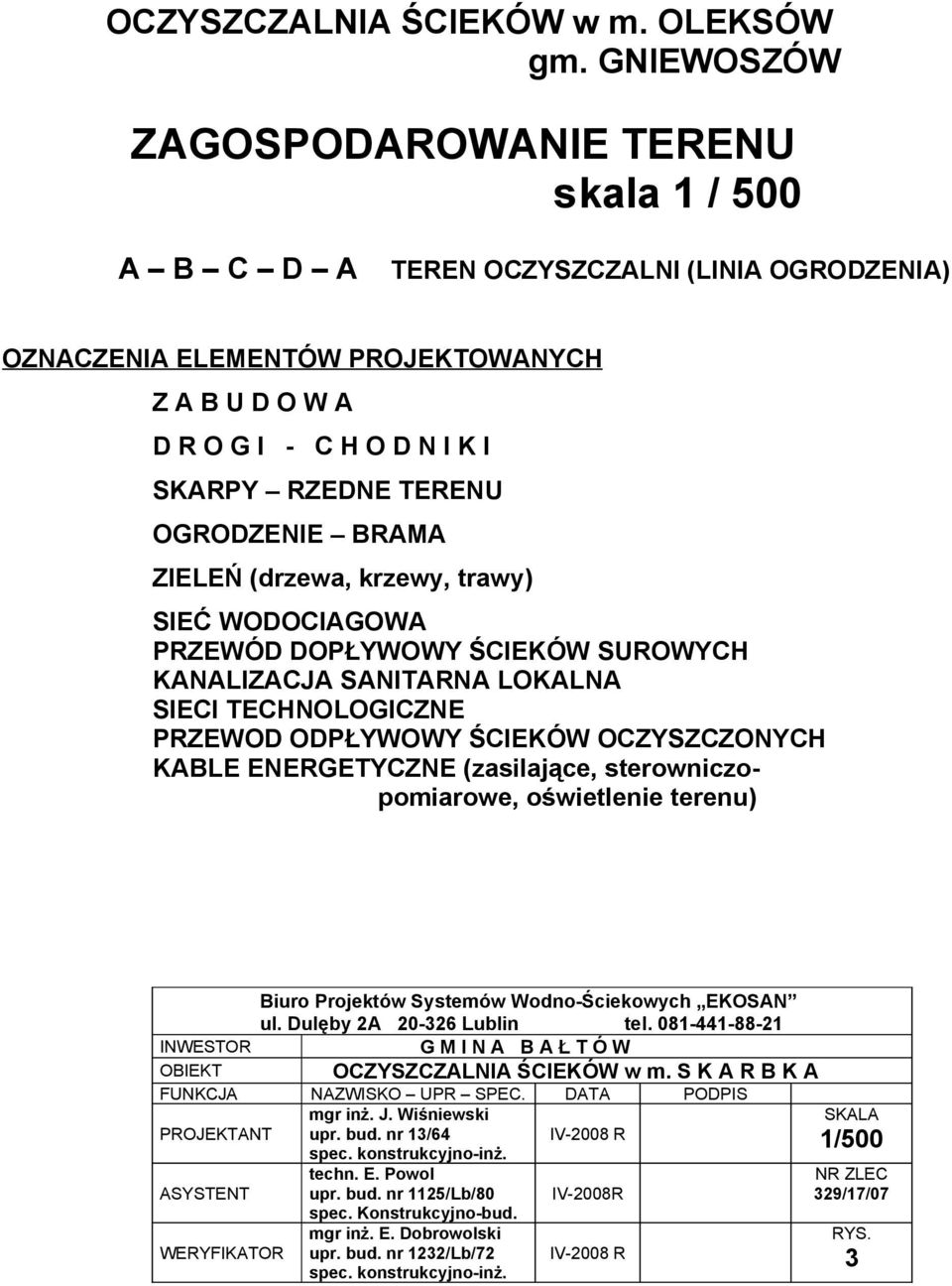 OGRODZENIE BRAMA ZIELEŃ (drzewa, krzewy, trawy) SIEĆ WODOCIAGOWA PRZEWÓD DOPŁYWOWY ŚCIEKÓW SUROWYCH KANALIZACJA SANITARNA LOKALNA SIECI TECHNOLOGICZNE PRZEWOD ODPŁYWOWY ŚCIEKÓW OCZYSZCZONYCH KABLE