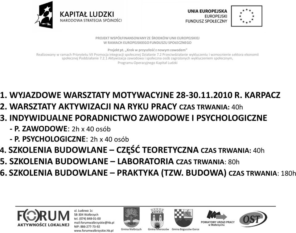 INDYWIDUALNE PORADNICTWO ZAWODOWE I PSYCHOLOGICZNE - P. ZAWODOWE: 2h x 40 osób - P.