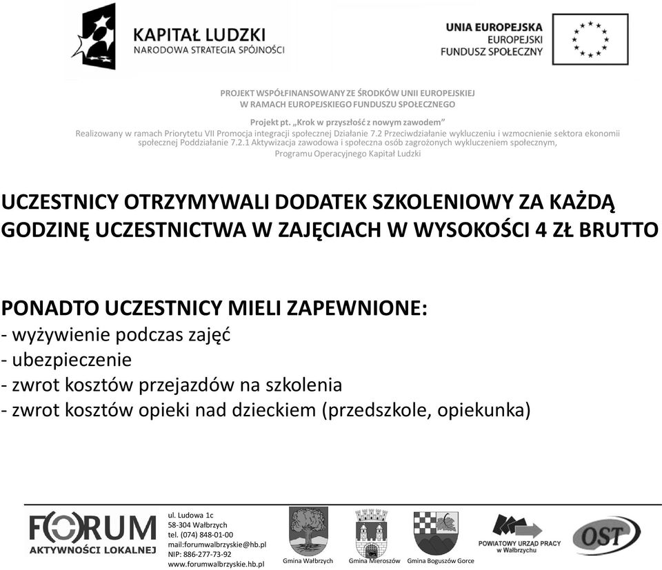 - wyżywienie podczas zajęd - ubezpieczenie - zwrot kosztów przejazdów na