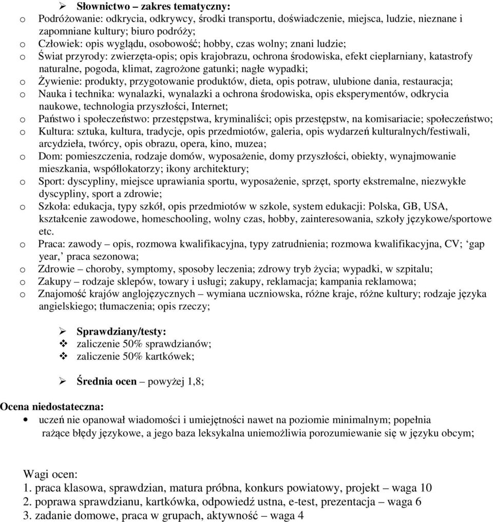 prduktów, dieta, pis ptraw, ulubine dania, restauracja; Nauka i technika: wynalazki, wynalazki a chrna śrdwiska, pis eksperymentów, dkrycia naukwe, technlgia przyszłści, Internet; Państw i