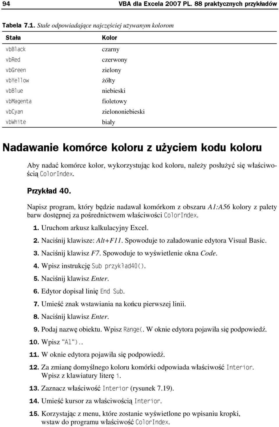 Nadawanie komórce koloru z użyciem kodu koloru Aby nadać komórce kolor, wykorzystując kod koloru, należy posłużyć się właściwością ColorIndex. Przykład 40.