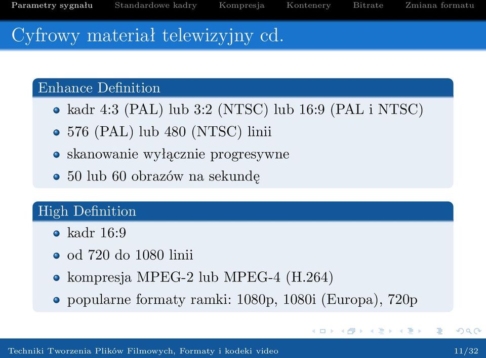 linii skanowanie wyłącznie progresywne 50 lub 60 obrazów na sekundę High Definition kadr 16:9 od