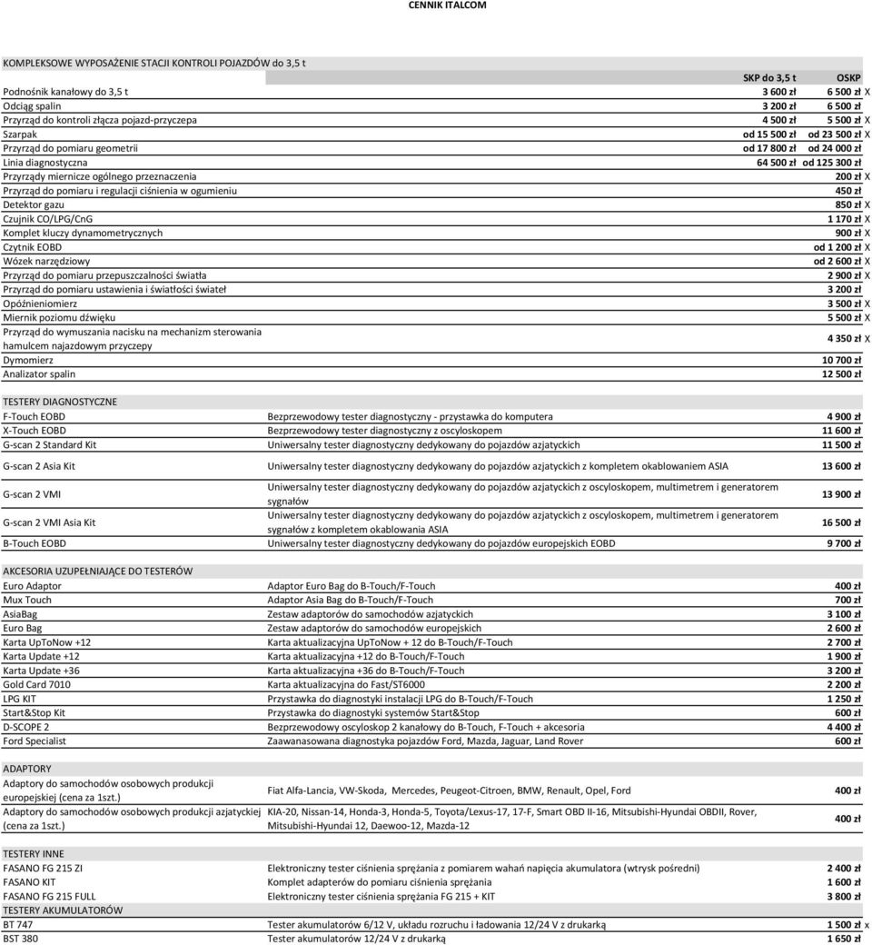 Przyrząd do pomiaru i regulacji ciśnienia w ogumieniu Detektor gazu 450 zł 850 zł X Czujnik CO/LPG/CnG 1170 zł X Komplet kluczy dynamometrycznych 900 zł X Czytnik EOBD od 1200 zł X Wózek narzędziowy