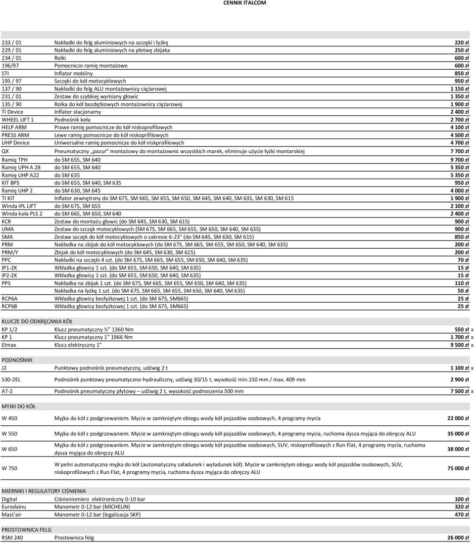 kół bezdętkowych montażownicy ciężarowej 1900 zł TI Device Inflator stacjonarny 2400 zł WHEEL LIFT 1 Podnośnik koła 2700 zł HELP ARM Prawe ramię pomocnicze do kół niskoprofilowych 4100 zł PRESS ARM