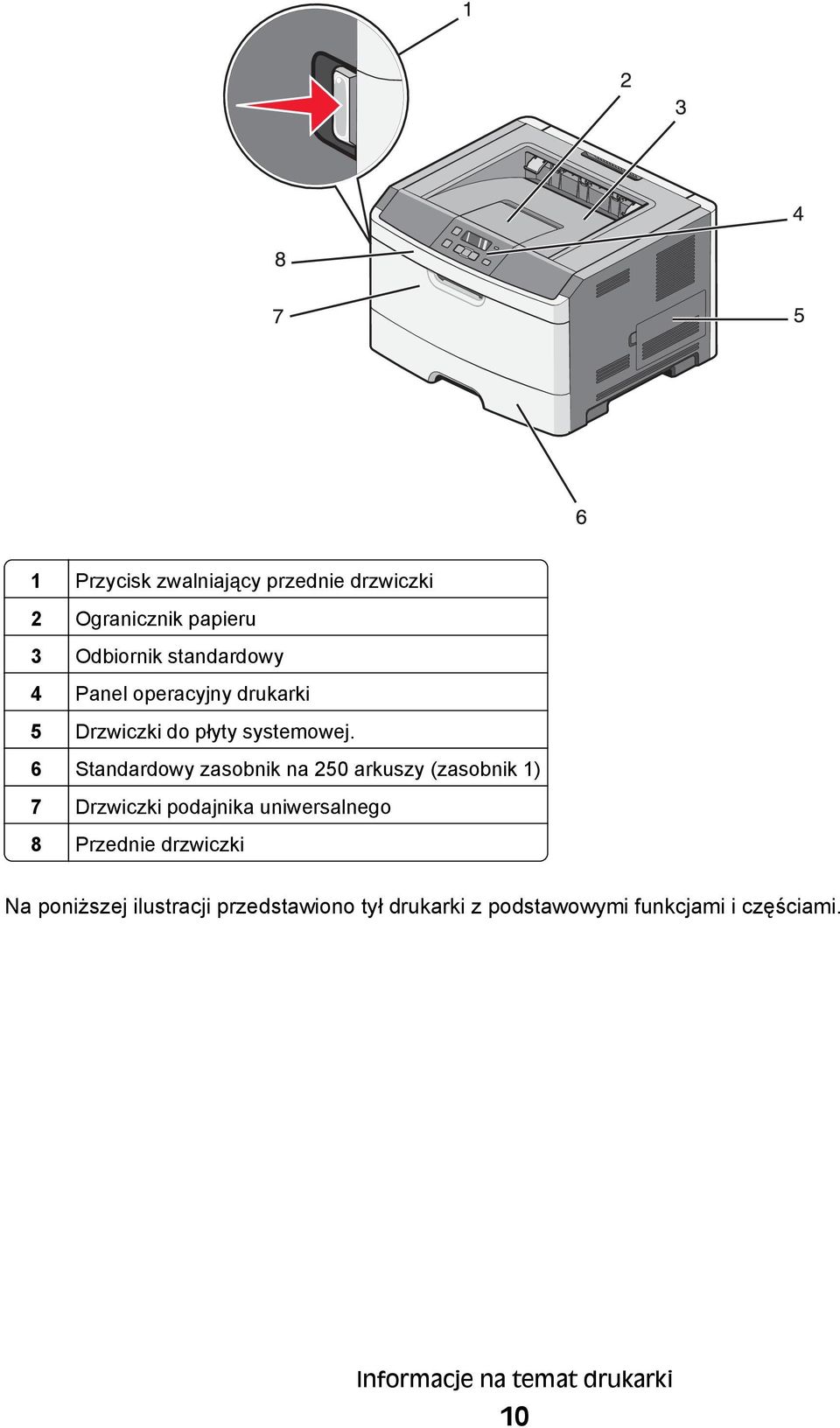 6 Standardowy zasobnik na 250 arkuszy (zasobnik 1) 7 Drzwiczki podajnika uniwersalnego 8