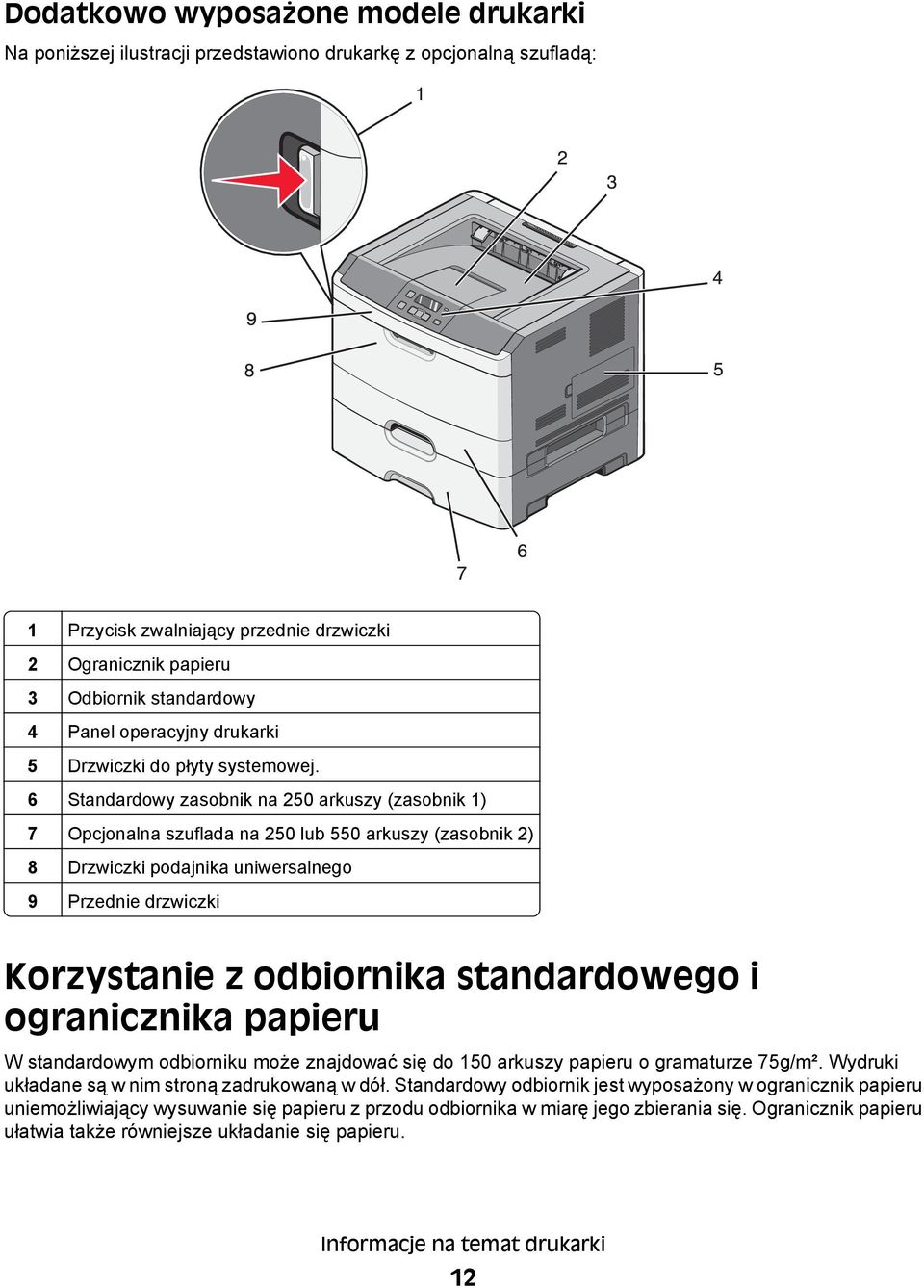 6 Standardowy zasobnik na 250 arkuszy (zasobnik 1) 7 Opcjonalna szuflada na 250 lub 550 arkuszy (zasobnik 2) 8 Drzwiczki podajnika uniwersalnego 9 Przednie drzwiczki Korzystanie z odbiornika