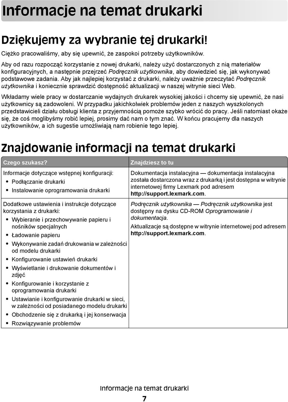 podstawowe zadania. Aby jak najlepiej korzystać z drukarki, należy uważnie przeczytać Podręcznik użytkownika i koniecznie sprawdzić dostępność aktualizacji w naszej witrynie sieci Web.