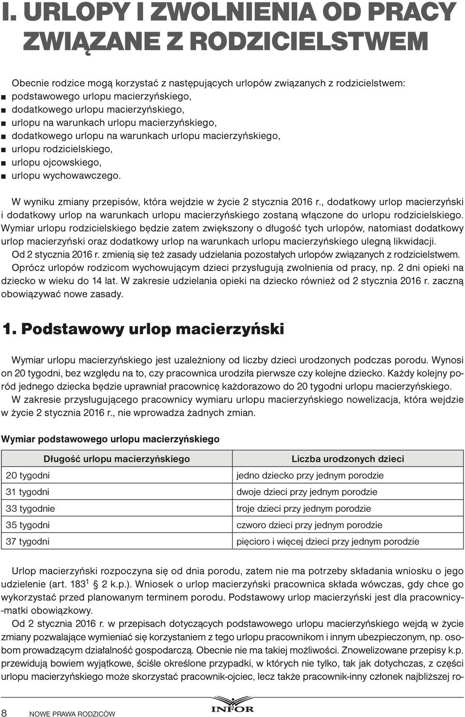 W wyniku zmiany przepisów, która wejdzie w życie 2 stycznia 2016 r., dodatkowy urlop macierzyński i dodatkowy urlop na warunkach urlopu macierzyńskiego zostaną włączone do urlopu rodzicielskiego.