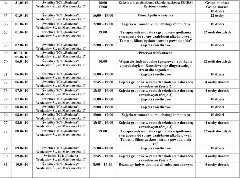 04.10 Świetlica TCh Rodzina, 77 08.04.10 Świetlica TCh Rodzina, 78 08.04.10 Świetlica TCh Rodzina, 79 09.04.10 Świetlica TCh Rodzina, 80 09.04.10 Świetlica TCh Rodzina 81 10.04.10 Świetlica TCh Rodzina, 16:00 17:00 Zajęcia z j.