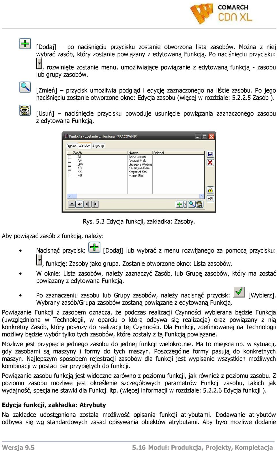 Po jego naciśnięciu zostanie otworzone okno: Edycja zasobu (więcej w rozdziale: 5.2.2.5 Zasób ). [Usuń] naciśnięcie przycisku powoduje usunięcie powiązania zaznaczonego zasobu z edytowaną Funkcją.