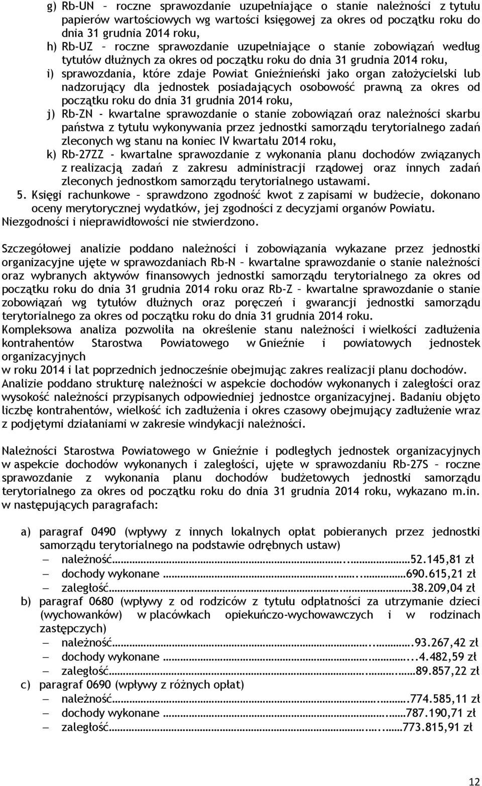 założycielski lub nadzorujący dla jednostek posiadających osobowość prawną za okres od początku roku do dnia 31 grudnia 2014 roku, j) Rb-ZN - kwartalne sprawozdanie o stanie zobowiązań oraz