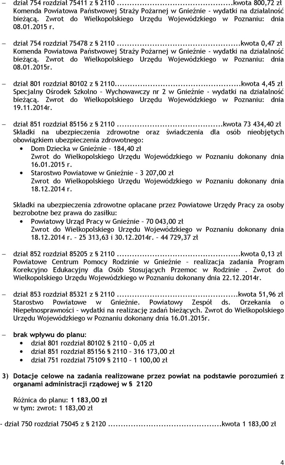 ..kwota 0,47 zł Komenda Powiatowa Państwowej Straży Pożarnej w Gnieźnie - wydatki na działalność bieżącą. Zwrot do Wielkopolskiego Urzędu Wojewódzkiego w Poznaniu: dnia 08.01.2015r.