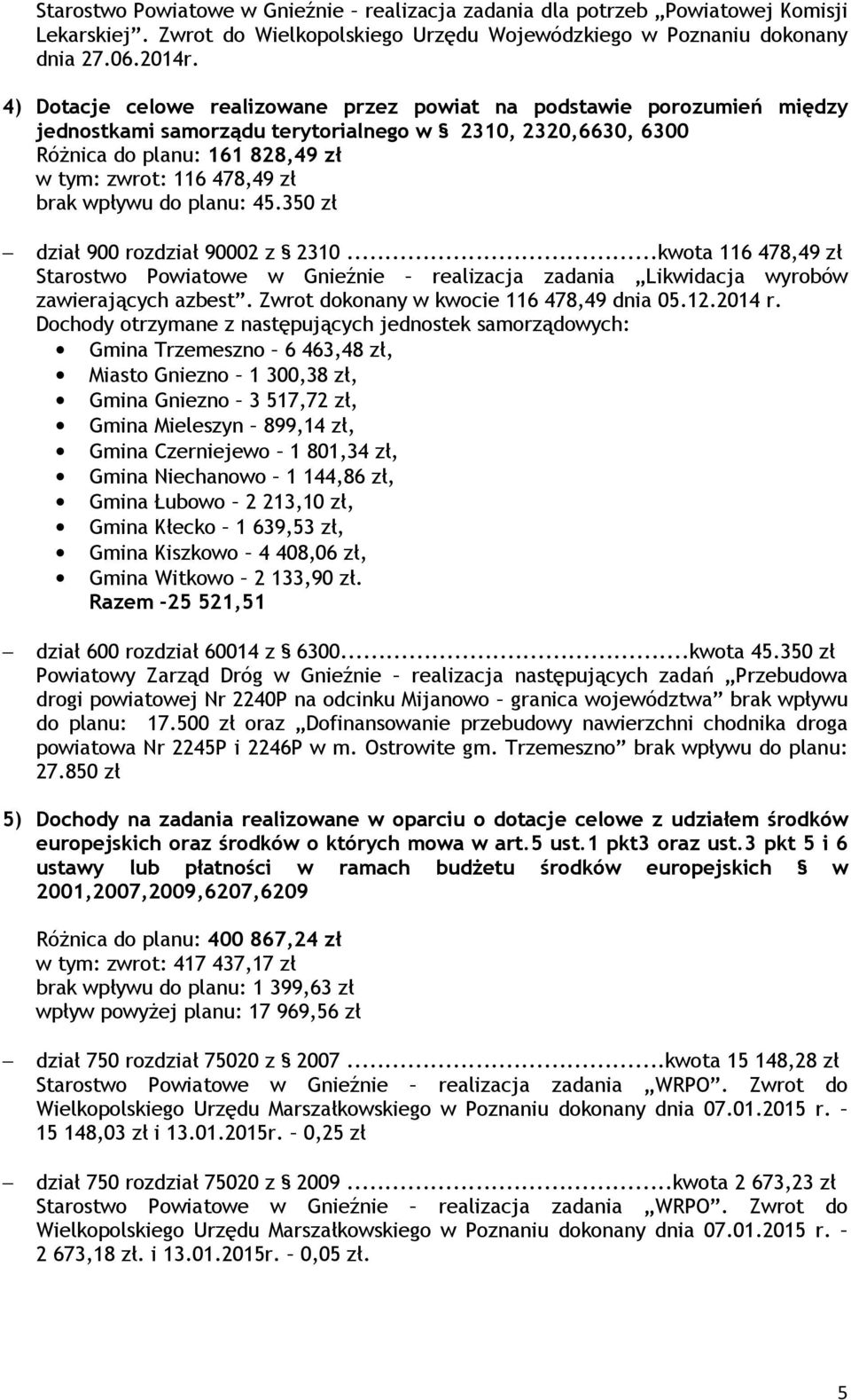 wpływu do planu: 45.350 zł dział 900 rozdział 90002 z 2310...kwota 116 478,49 zł Starostwo Powiatowe w Gnieźnie realizacja zadania Likwidacja wyrobów zawierających azbest.