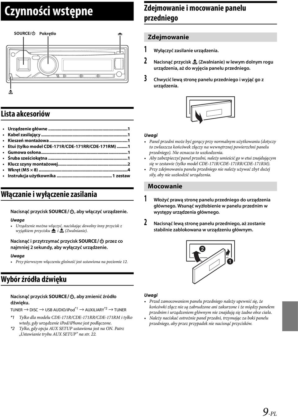 ..1 Kabel zasilający...1 Kieszeń montażowa...1 Etui (tylko model CDE-171R/CDE-171RR/CDE-171RM)...1 Gumowa osłona...1 Śruba sześciokątna...1 Klucz szyny montażowej...2 Wkręt (M5 8).