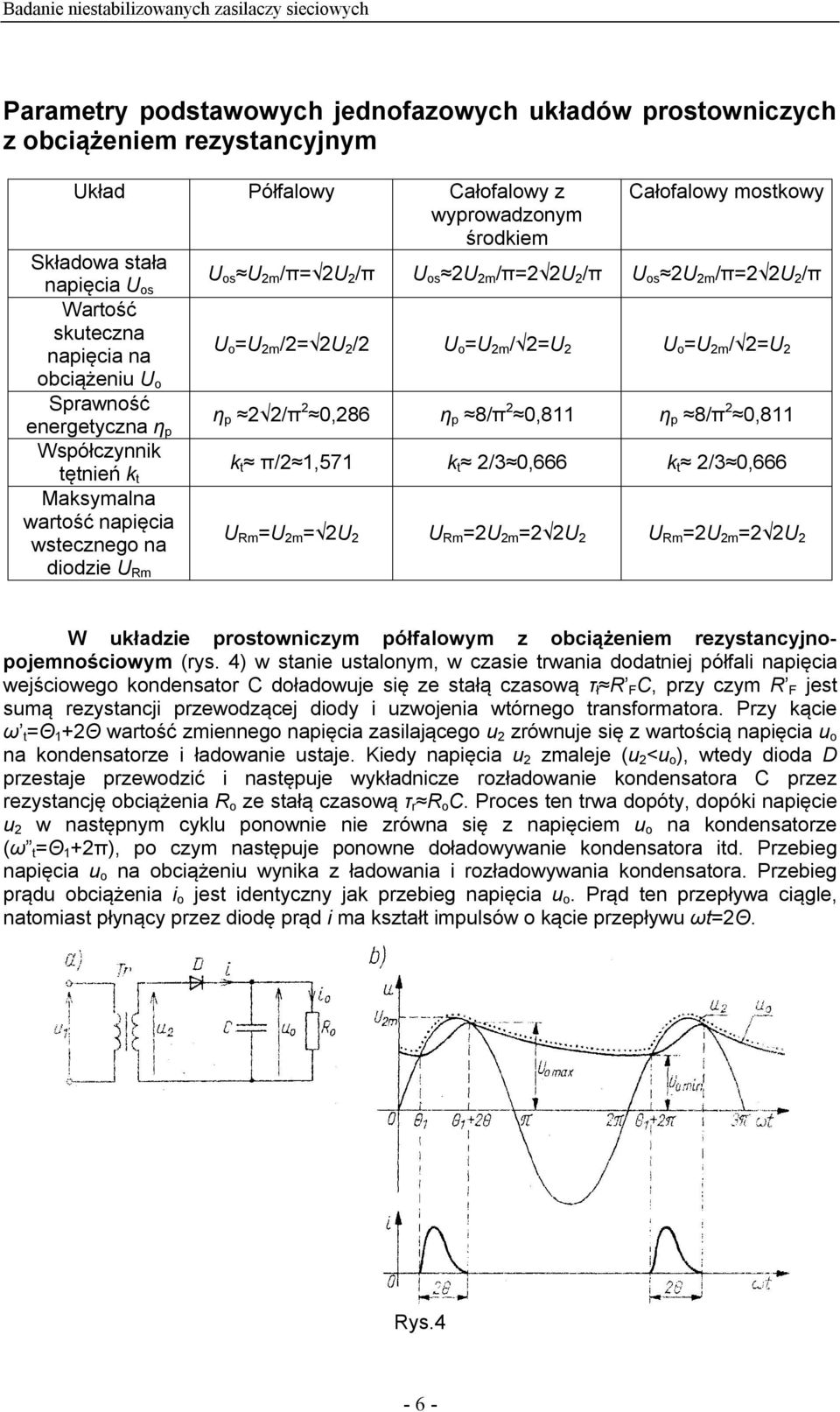 2 0,286 η p 8/π 2 0,811 η p 8/π 2 0,811 Współczynnik tętnień k t k t π/2 1,571 k t 2/3 0,666 k t 2/3 0,666 Maksymalna wartość napięcia wstecznego na diodzie U Rm U Rm =U 2m = 2U 2 U Rm =2U 2m =2 2U 2