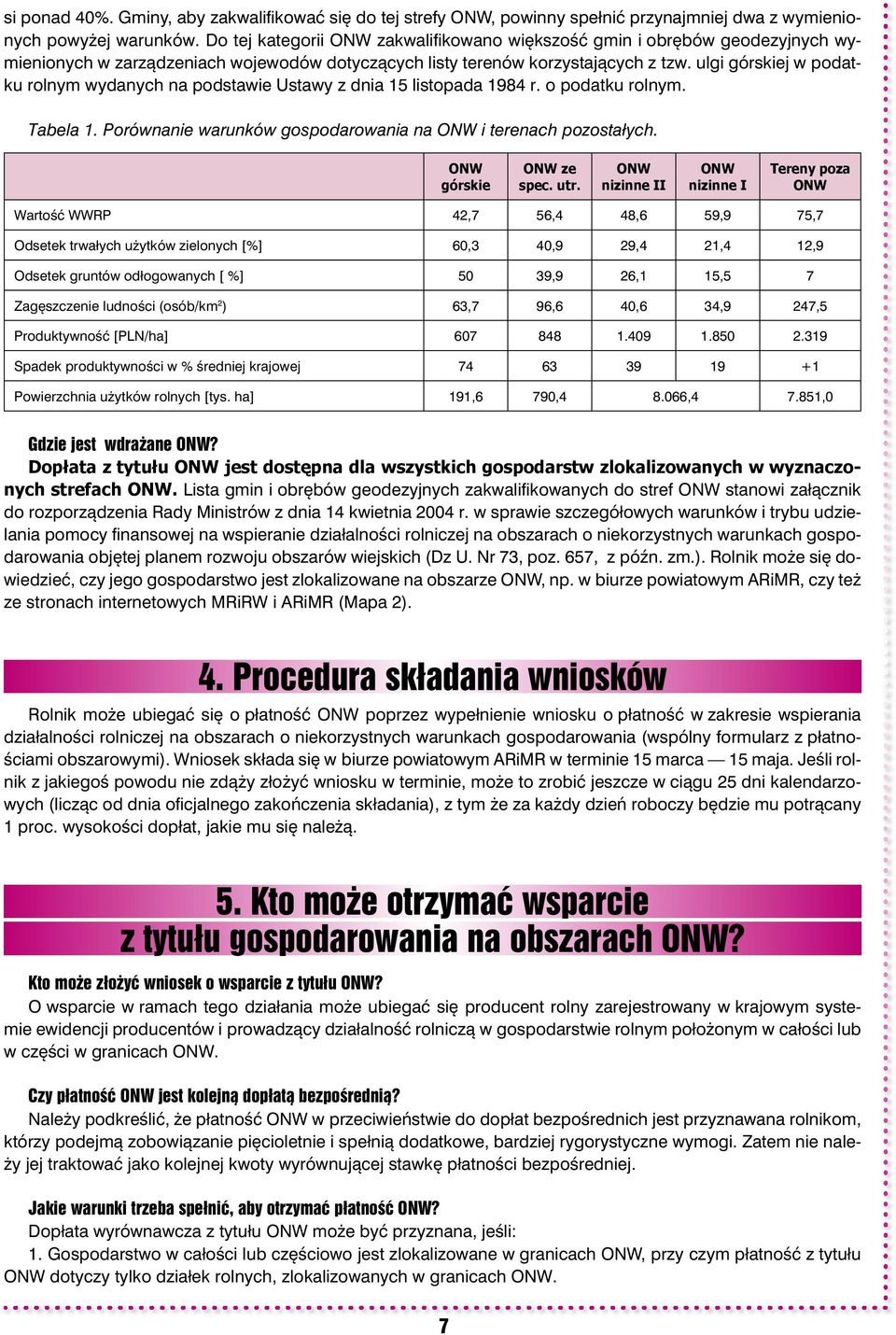 ulgi górskiej w podatku rolnym wydanych na podstawie Ustawy z dnia 15 listopada 1984 r. o podatku rolnym. Tabela 1. Porównanie warunków gospodarowania na ONW i terenach pozostałych.