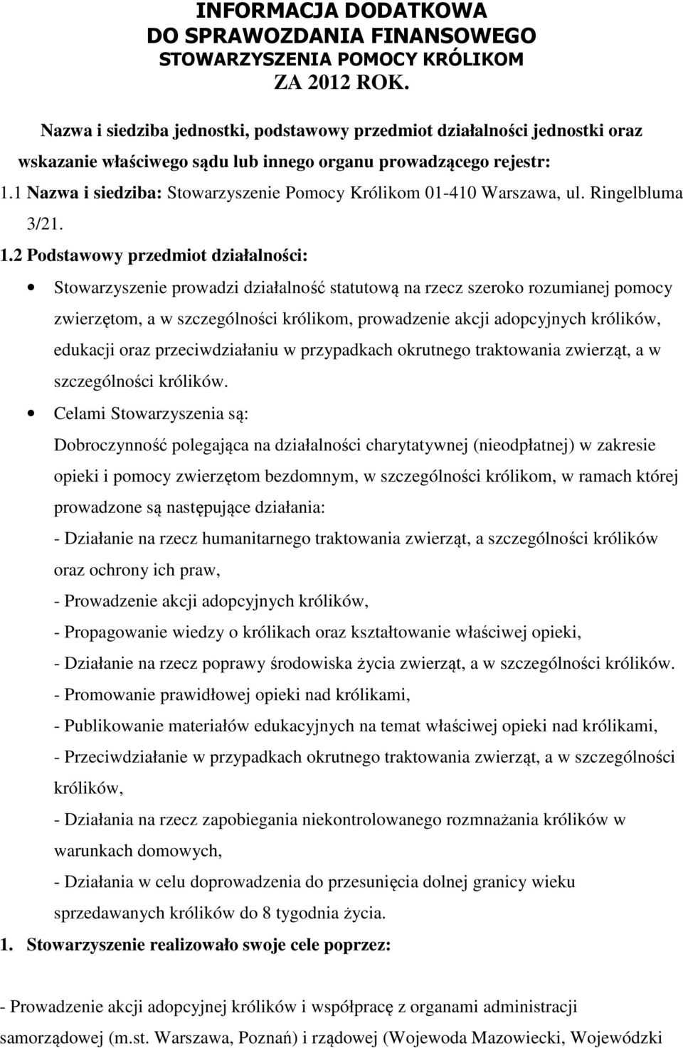 1 Nazwa i siedziba: Stowarzyszenie Pomocy Królikom 01-410 Warszawa, ul. Ringelbluma 3/21. 1.