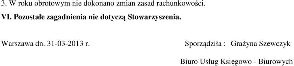 Pozostałe zagadnienia nie dotyczą Stowarzyszenia.