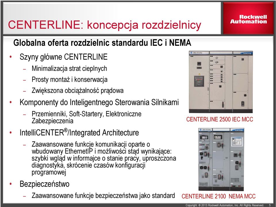 Architecture Zaawansowane funkcje komunikacji oparte o wbudowany EthernetIP i możliwości stąd wynikające: szybki wgląd w informajce o stanie pracy, uproszczona