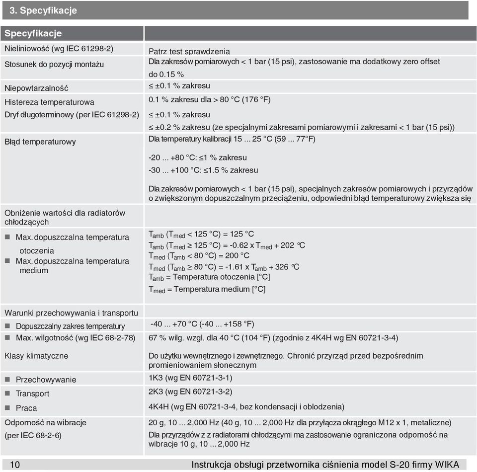 dopuszczalna temperatura medium Patrz test sprawdzenia Dla zakresów pomiarowych < 1 bar (15 psi), zastosowanie ma dodatkowy zero offset do 0.15 % ±0.1 % zakresu 0.1 % zakresu dla > 80 C (176 F) ±0.