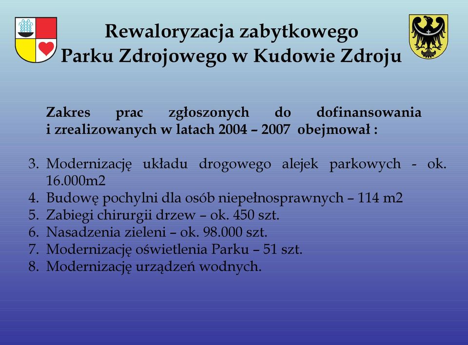 000m2 4. Budowę pochylni dla osób niepełnosprawnych 114 m2 5. Zabiegi chirurgii drzew ok. 450 szt. 6.