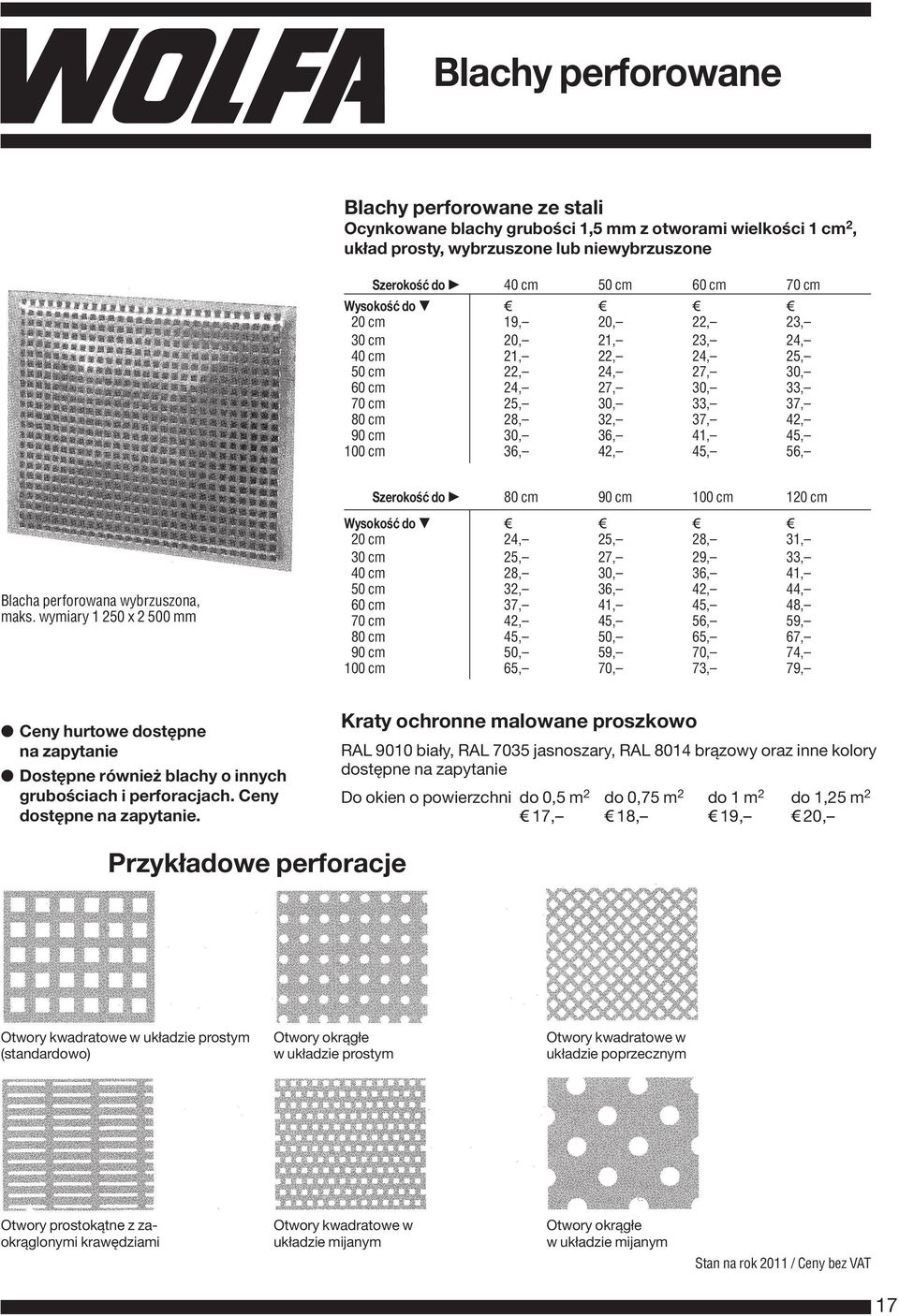 wymiary 1 250 x 2 500 mm Ceny hurtowe dostępne na zapytanie Dostępne również blachy o innych grubościach i perforacjach. Ceny dostępne na zapytanie.