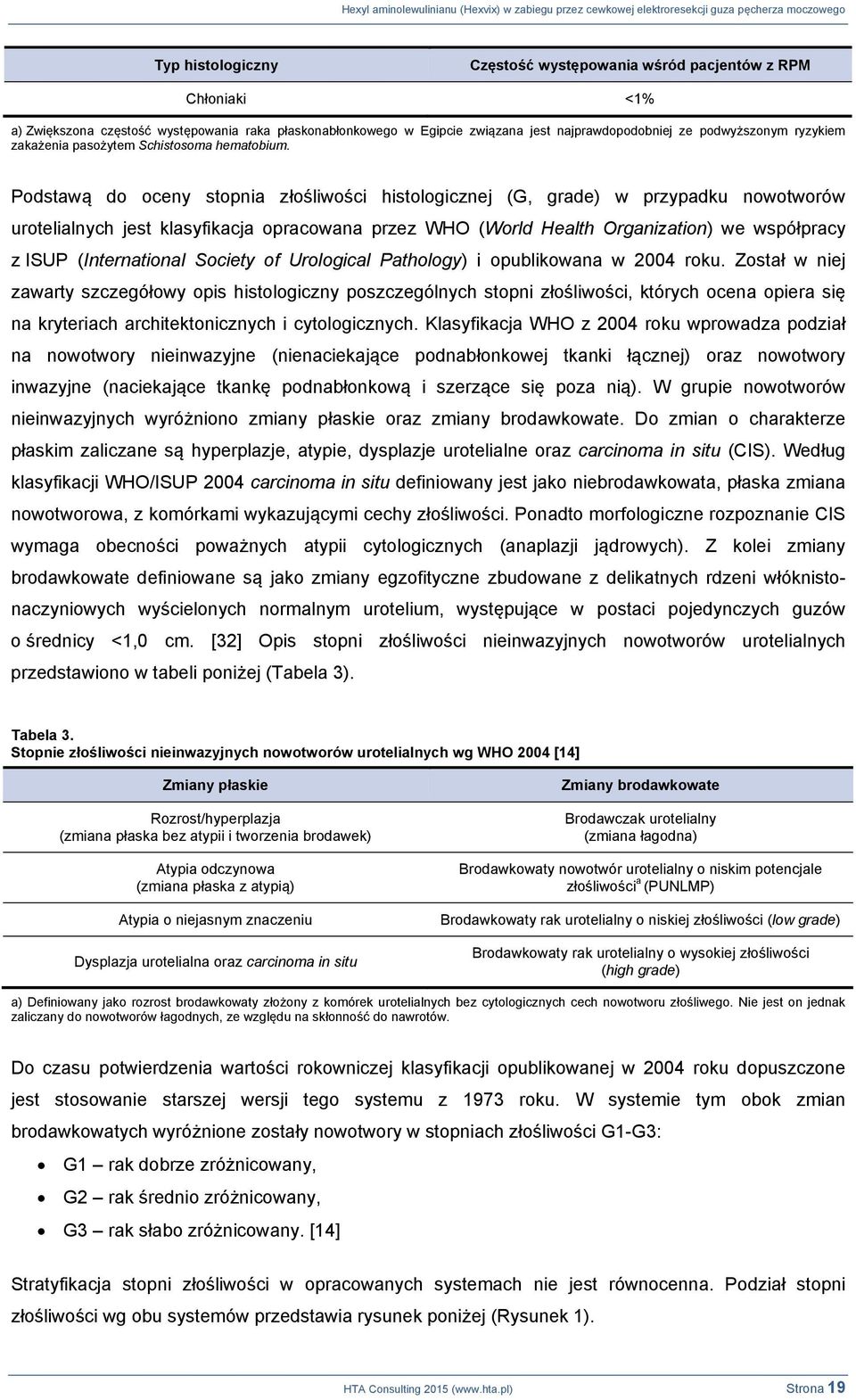 Podstawą do oceny stopnia złośliwości histologicznej (G, grade) w przypadku nowotworów urotelialnych jest klasyfikacja opracowana przez WHO (World Health Organization) we współpracy z ISUP