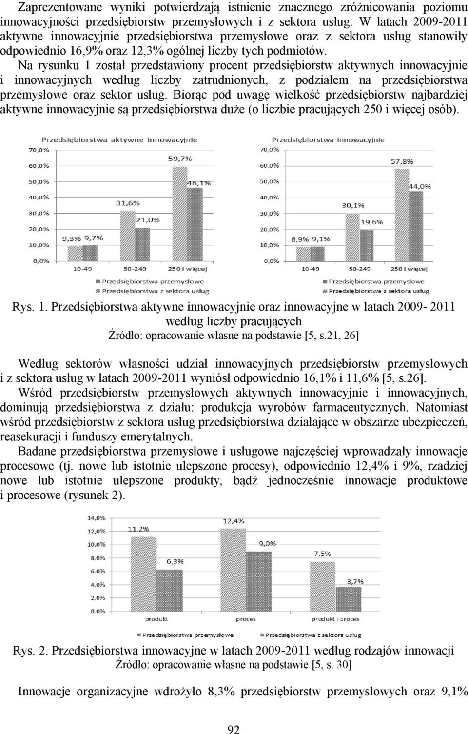 Na rysunku 1 został przedstawiony procent przedsiębiorstw aktywnych innowacyjnie i innowacyjnych według liczby zatrudnionych, z podziałem na przedsiębiorstwa przemysłowe oraz sektor usług.