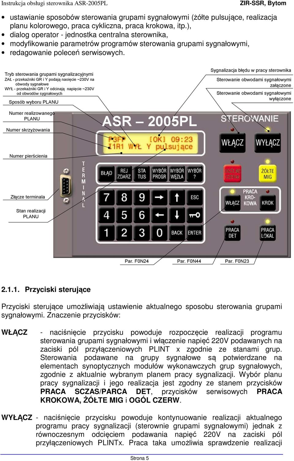 Tryb sterowania grupami sygnalizacyjnymi ZAŁ - przekaźniki GR i Y podają naoięcie ~230V na obwody sygnałowe WYŁ - przekaźniki GR i Y odcinają napięcie ~230V od obwodów sygnałowych Sposób wyboru PLANU