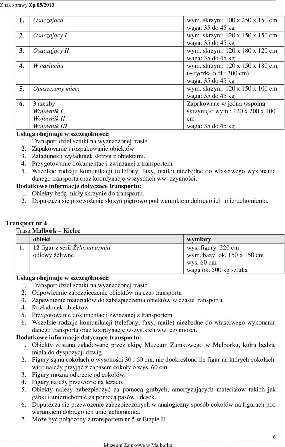 : 120 x 200 x 100 cm. 2. Zapakowanie i rozpakowanie ów 3. Załadunek i wyładunek skrzyń z ami. 4. Przygotowanie dokumentacji związanej z transportem. 5.