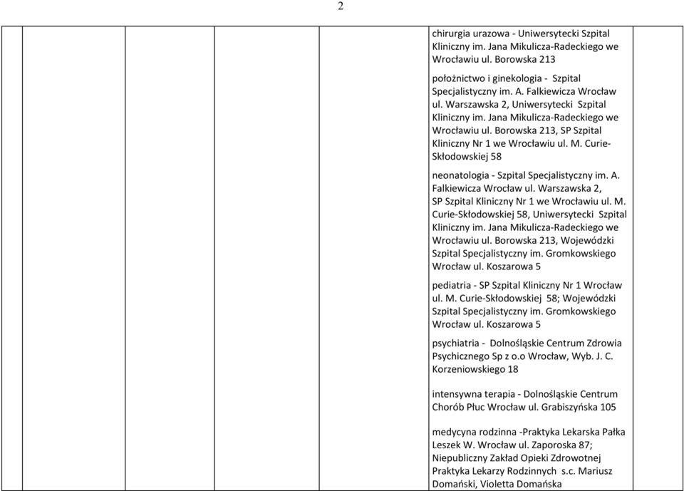 A. Falkiewicza Wrocław ul. Warszawska 2, SP Szpital Kliniczny Nr 1 we Wrocławiu ul. M. Curie-Skłodowskiej 58, Uniwersytecki Szpital Kliniczny im. Jana Mikulicza-Radeckiego we Wrocławiu ul.