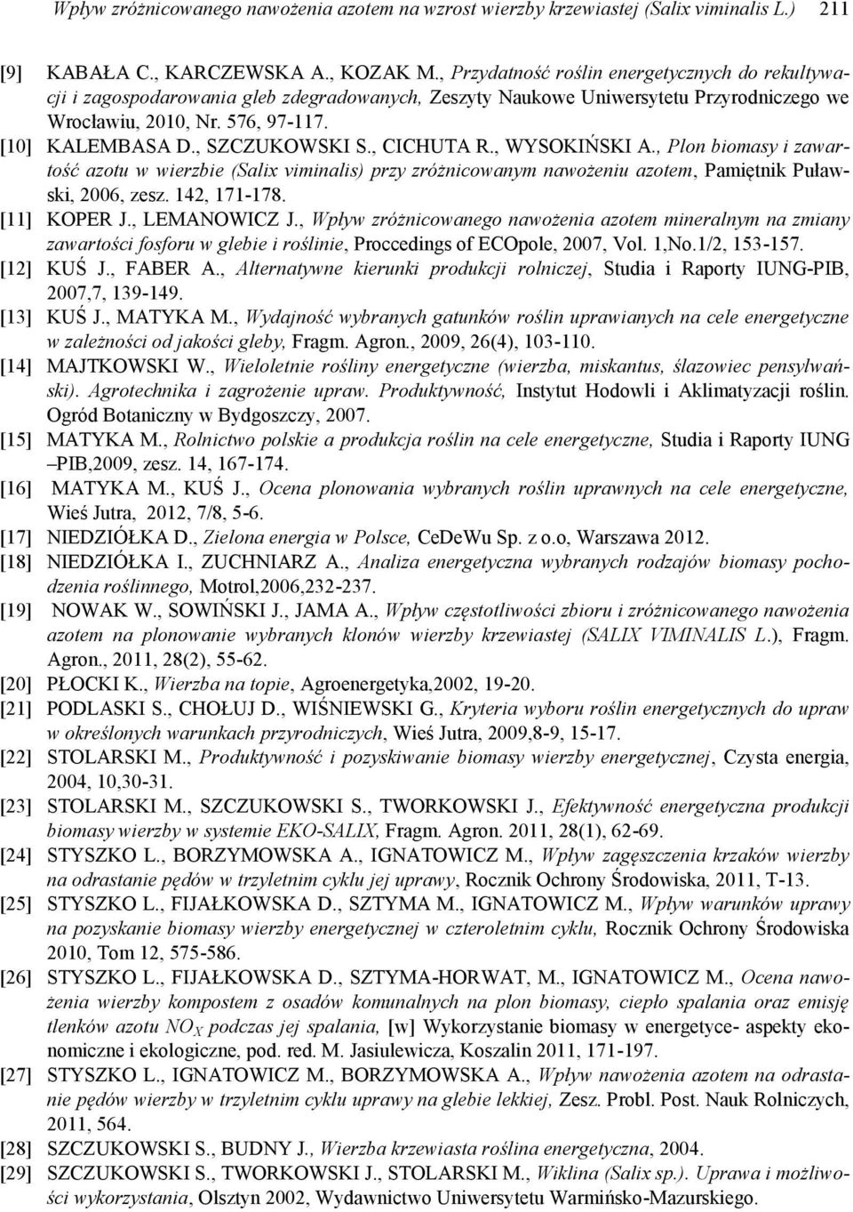 , SZCZUKOWSKI S., CICHUTA R., WYSOKIŃSKI A., Plon biomasy i zawartość azotu w wierzbie (Salix viminalis) przy zróżnicowanym nawożeniu azotem, Pamiętnik Puławski, 2006, zesz. 142, 171-178.