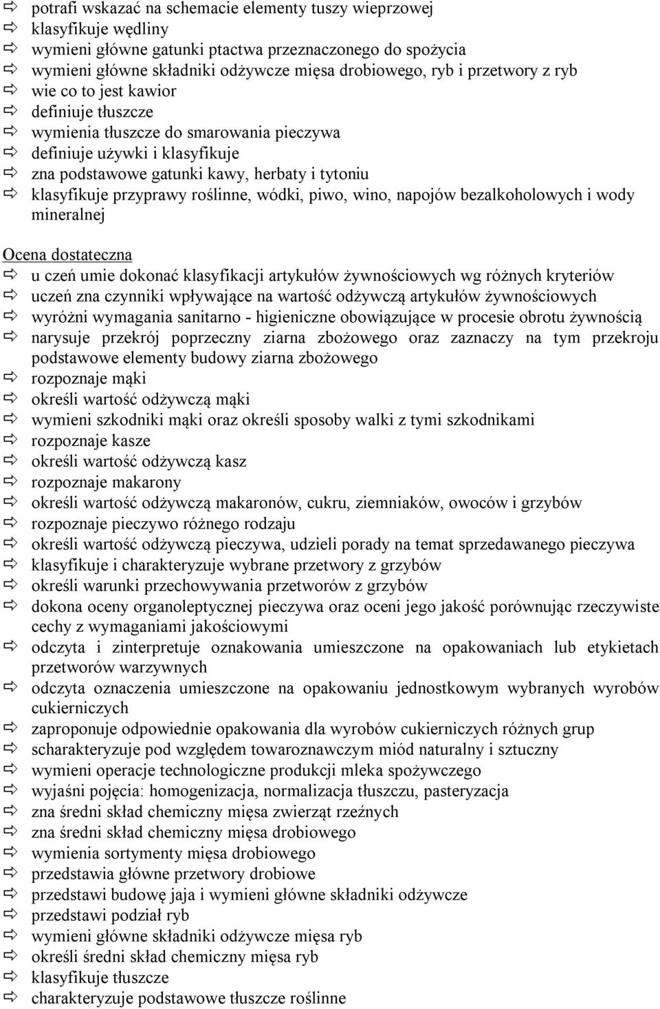 roślinne, wódki, piwo, wino, napojów bezalkoholowych i wody mineralnej Ocena dostateczna u czeń umie dokonać klasyfikacji artykułów żywnościowych wg różnych kryteriów uczeń zna czynniki wpływające na