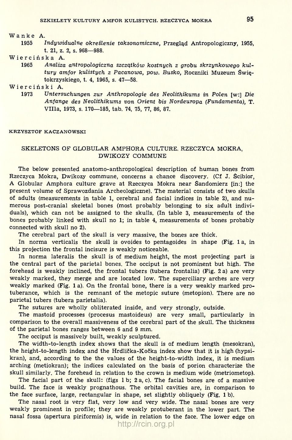 1973 Untersuchungen zur Anthropologie des Neolithikums in Polen [w:] Die Anfange des Neolithikums von Orient bis Nordeuropa (Fundamenta), Т. Villa, 1973, s. 170 185, tab. 74, 75, 77, 86, 87.