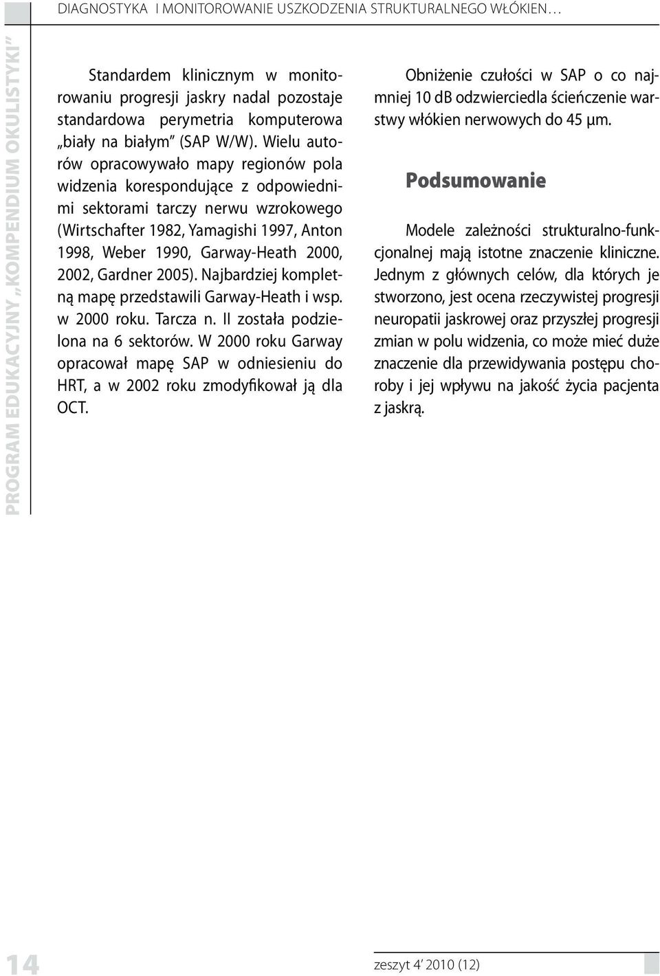 2002, Gardner 2005). Najbardziej kompletną mapę przedstawili Garway-Heath i wsp. w 2000 roku. Tarcza n. II została podzielona na 6 sektorów.