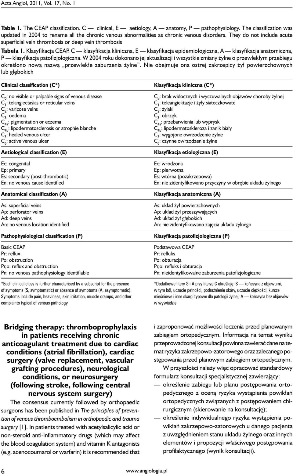 They do not include acute superficial vein thrombosis or deep vein thrombosis Tabela 1. Klasyfikacja CEAP.