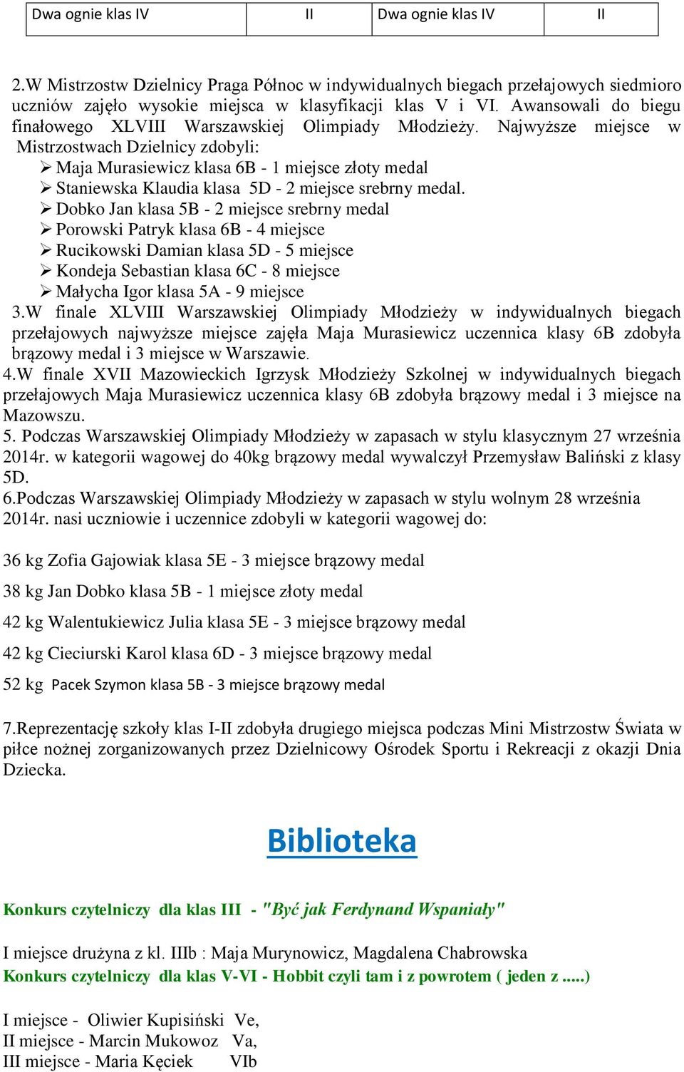 Najwyższe miejsce w Mistrzostwach Dzielnicy zdobyli: Maja Murasiewicz klasa 6B - 1 miejsce złoty medal Staniewska Klaudia klasa 5D - 2 miejsce srebrny medal.