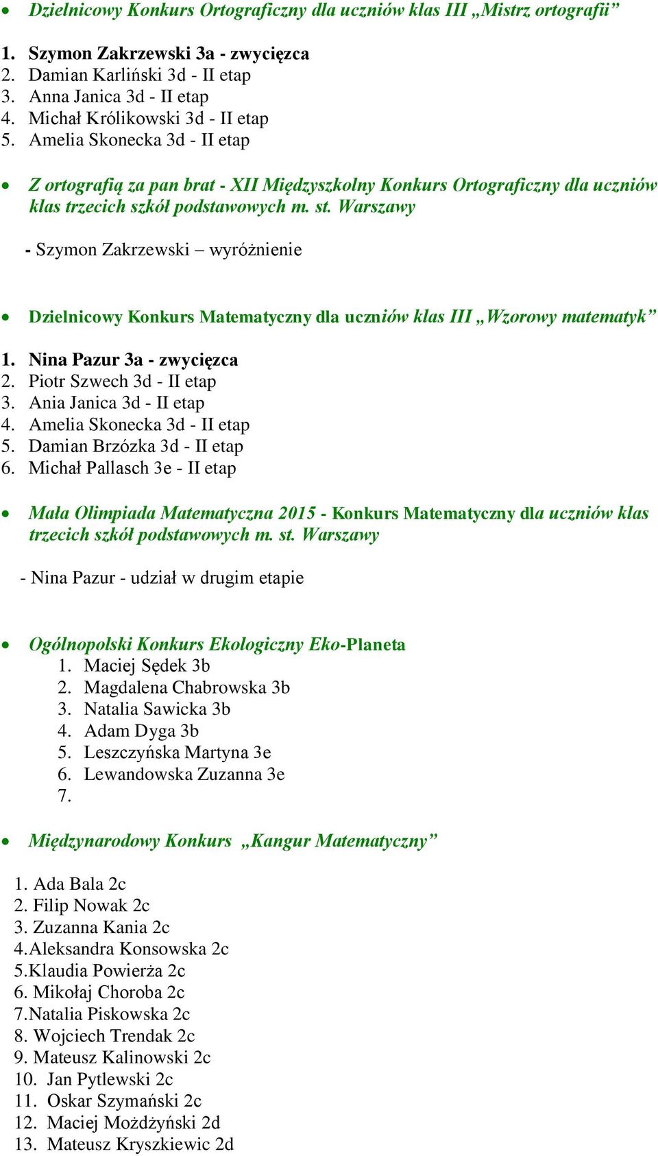 Warszawy - Szymon Zakrzewski wyróżnienie Dzielnicowy Konkurs Matematyczny dla uczniów klas III Wzorowy matematyk 1. Nina Pazur 3a - zwycięzca 2. Piotr Szwech 3d - II etap 3.