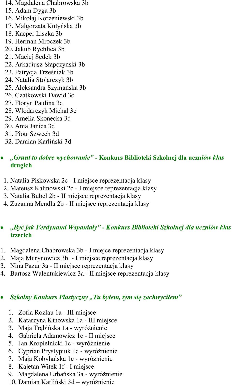 Amelia Skonecka 3d 30. Ania Janica 3d 31. Piotr Szwech 3d 32. Damian Karliński 3d Grunt to dobre wychowanie - Konkurs Biblioteki Szkolnej dla uczniów klas drugich 1.