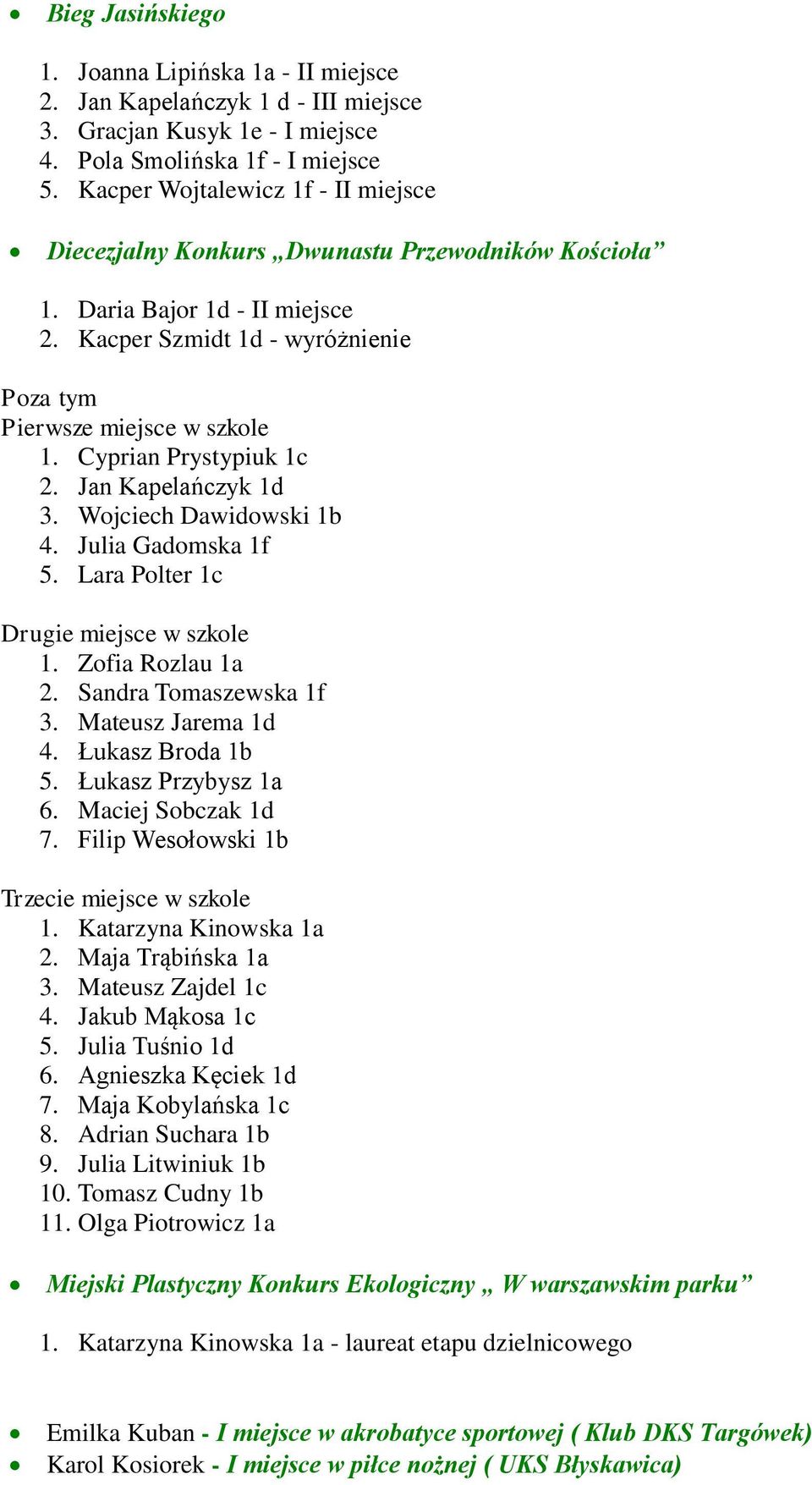 Cyprian Prystypiuk 1c 2. Jan Kapelańczyk 1d 3. Wojciech Dawidowski 1b 4. Julia Gadomska 1f 5. Lara Polter 1c Drugie miejsce w szkole 1. Zofia Rozlau 1a 2. Sandra Tomaszewska 1f 3. Mateusz Jarema 1d 4.