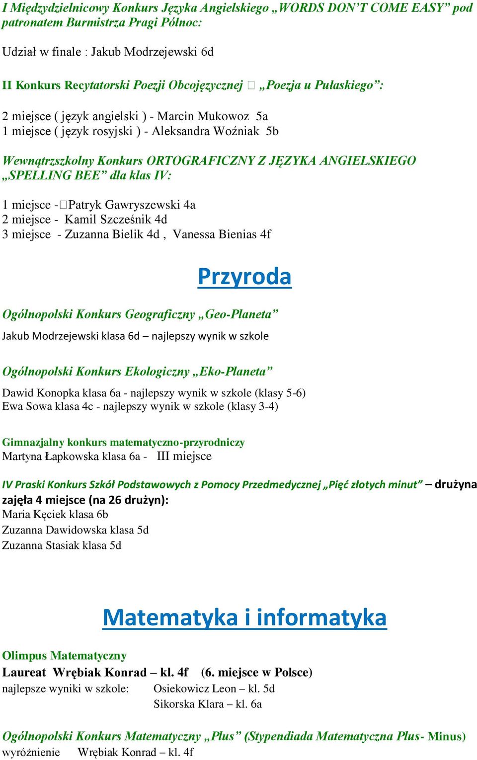 dla klas IV: 1 miejsce -Patryk Gawryszewski 4a 2 miejsce - Kamil Szcześnik 4d 3 miejsce - Zuzanna Bielik 4d, Vanessa Bienias 4f Przyroda Ogólnopolski Konkurs Geograficzny Geo-Planeta Jakub