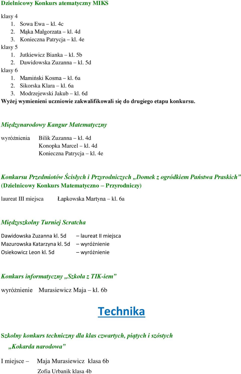 Międzynarodowy Kangur Matematyczny wyróżnienia Bilik Zuzanna kl. 4d Konopka Marcel kl. 4d Konieczna Patrycja kl.