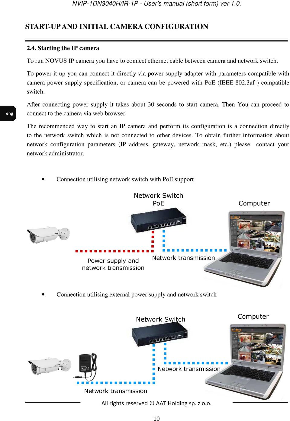 3af ) compatible switch. After connecting power supply it takes about 30 seconds to start camera. Then You can proceed to connect to the camera via web browser.