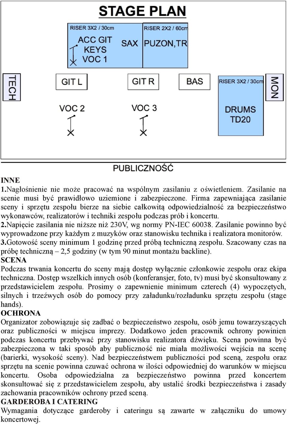 Napięcie zasilania nie niższe niż 230V, wg normy PN-IEC 60038. Zasilanie powinno być wyprowadzone przy każdym z muzyków oraz stanowisku technika i realizatora monitorów. 3.