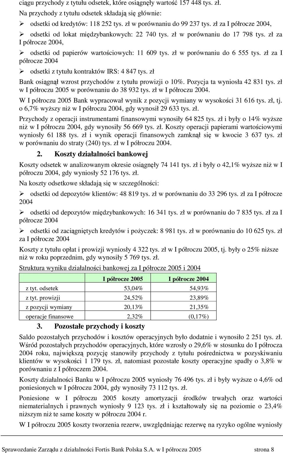 zł za I półrocze 2004 odsetki z tytułu kontraktów IRS: 4 847 tys. zł Bank osignł wzrost przychodów z tytułu prowizji o 10%. Pozycja ta wyniosła 42 831 tys.