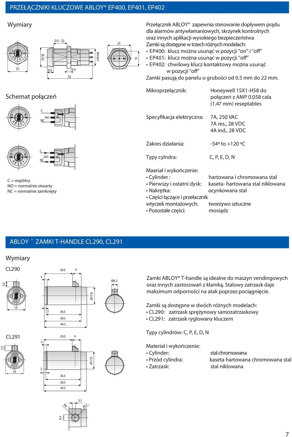 modelach: EP0: klucz można usunąć w pozycji on i off EP1: klucz można usunąć w pozycji off EP2: chwilowy klucz kontaktowy można usunąć w pozycji off Zamki pasują do panelu o grubości od 0.