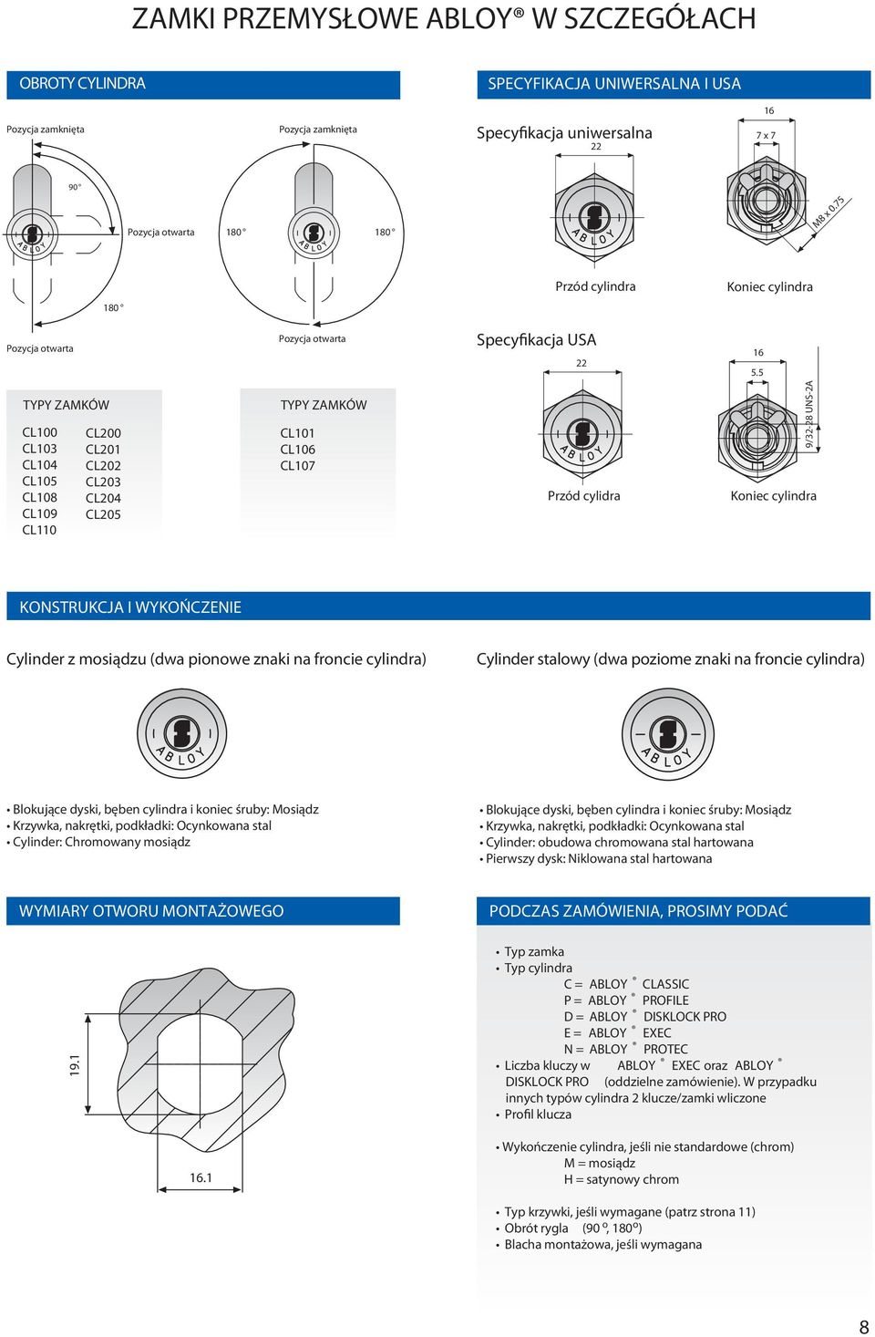 znaki na froncie cylindra) WYMIRY OTWORU MONTŻOWEGO PODZS ZMÓWIENI, PROSIMY PODĆ Typ zamka Typ cylindra = LOY LSSI P = LOY PROFILE D = LOY DISKLOK PRO E = LOY EXE