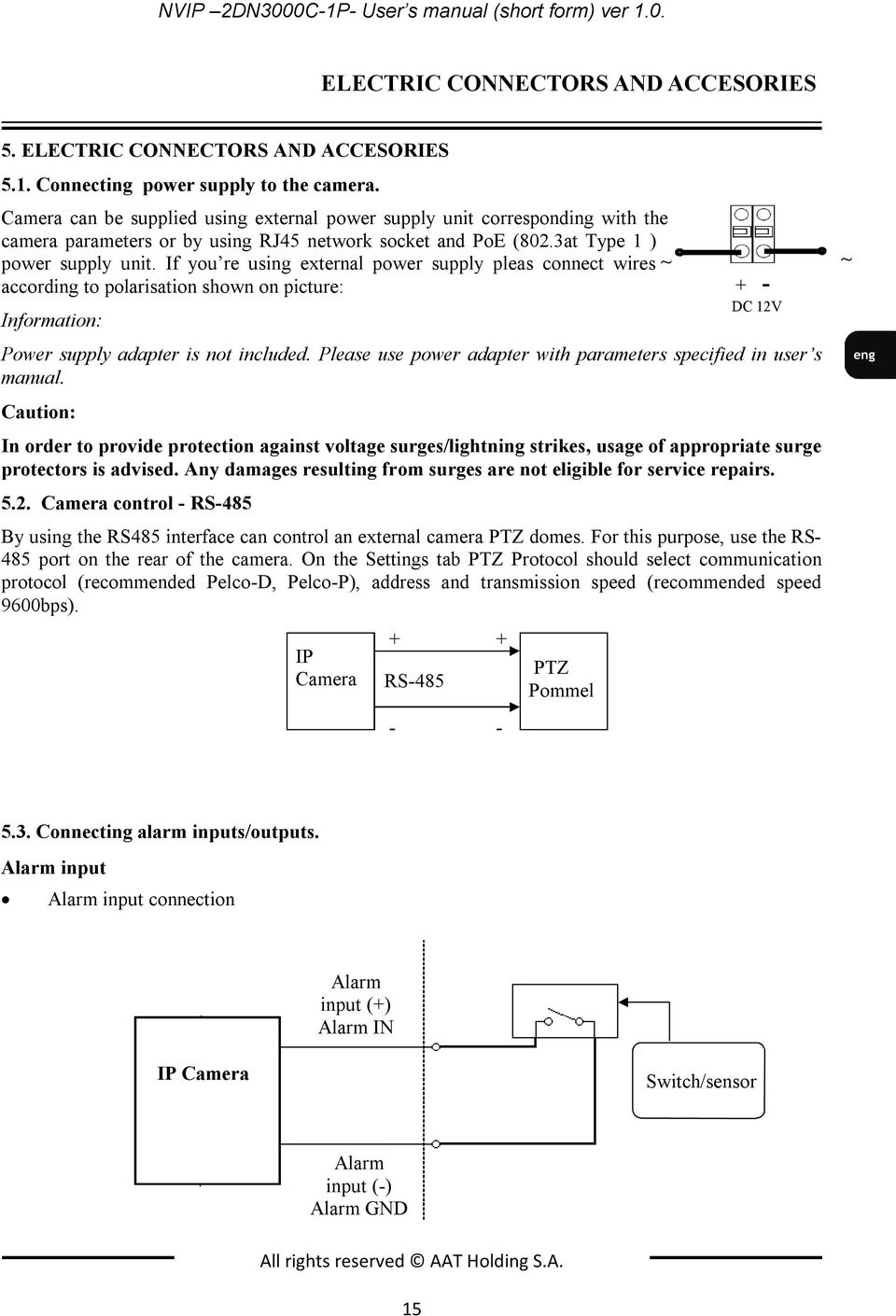 If you re using external power supply pleas connect wires ~ according to polarisation shown on picture: Information: Power supply adapter is not included.