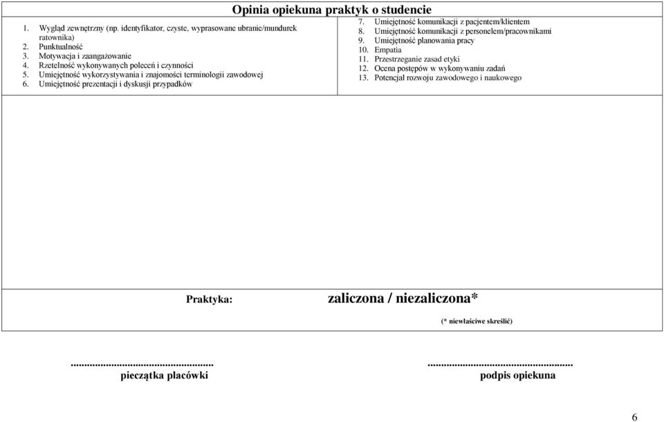 Umiejętność prezentacji i dyskusji przypadków Opinia opiekuna praktyk o studencie 7. Umiejętność komunikacji z pacjentem/klientem 8.