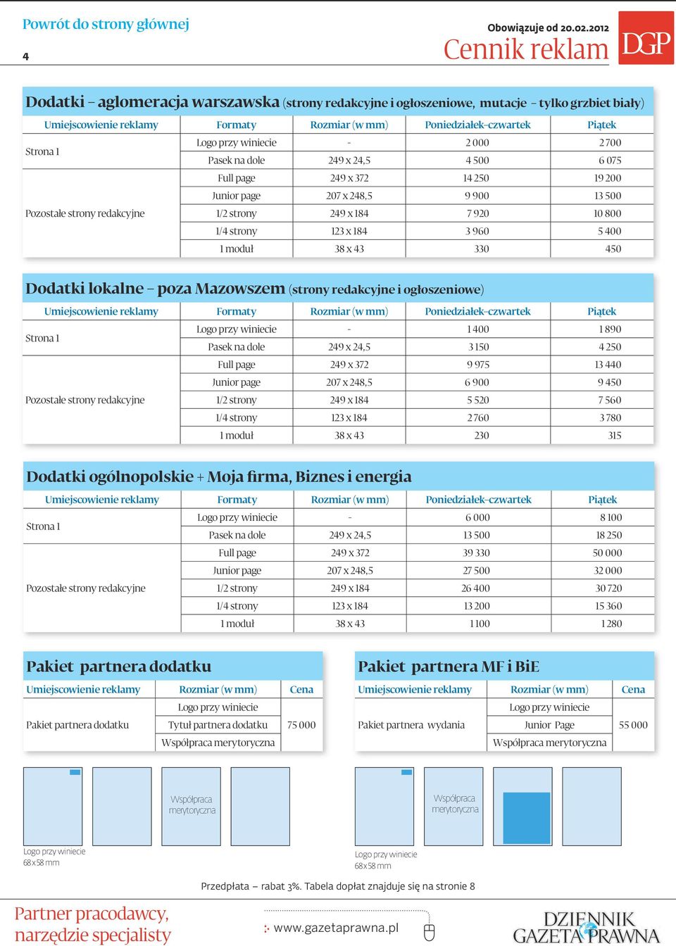 3 780 230 315 Dodatki ogólnopolskie + Moja firma, Biznes i energia Strona 1 Poniedziałek czwartek 6 000 8 100 249 x 24,5 13 500 18 250 39 330 50 000 27 500 32 000 26 400 30 720 13 200 15 360 1 100 1